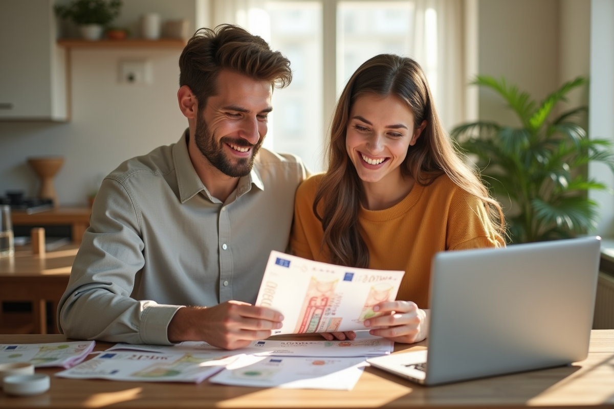 Jeune couple souriant en train de vérifier un relevé bancaire