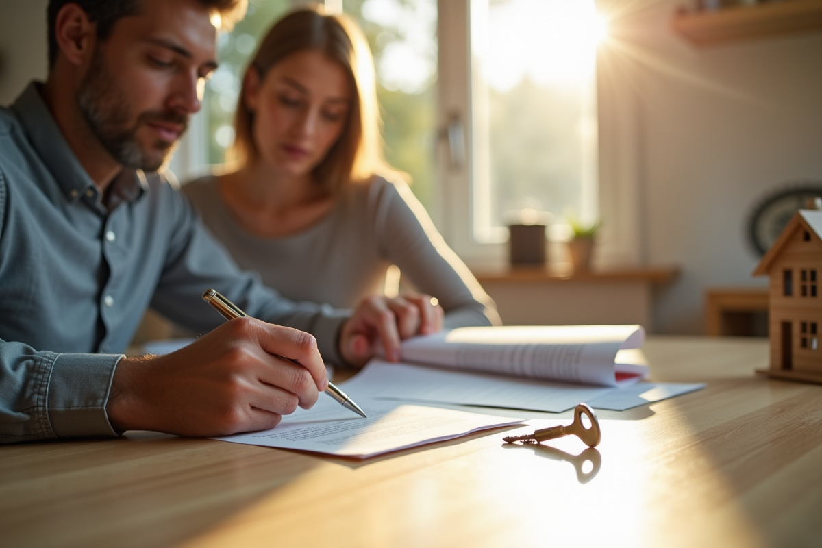 Couple lisant des documents immobiliers à la maison
