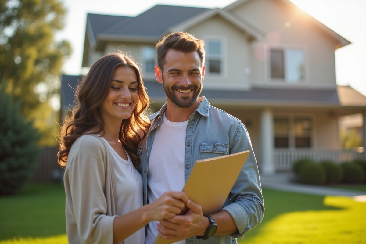 Jeune couple heureux devant leur nouvelle maison
