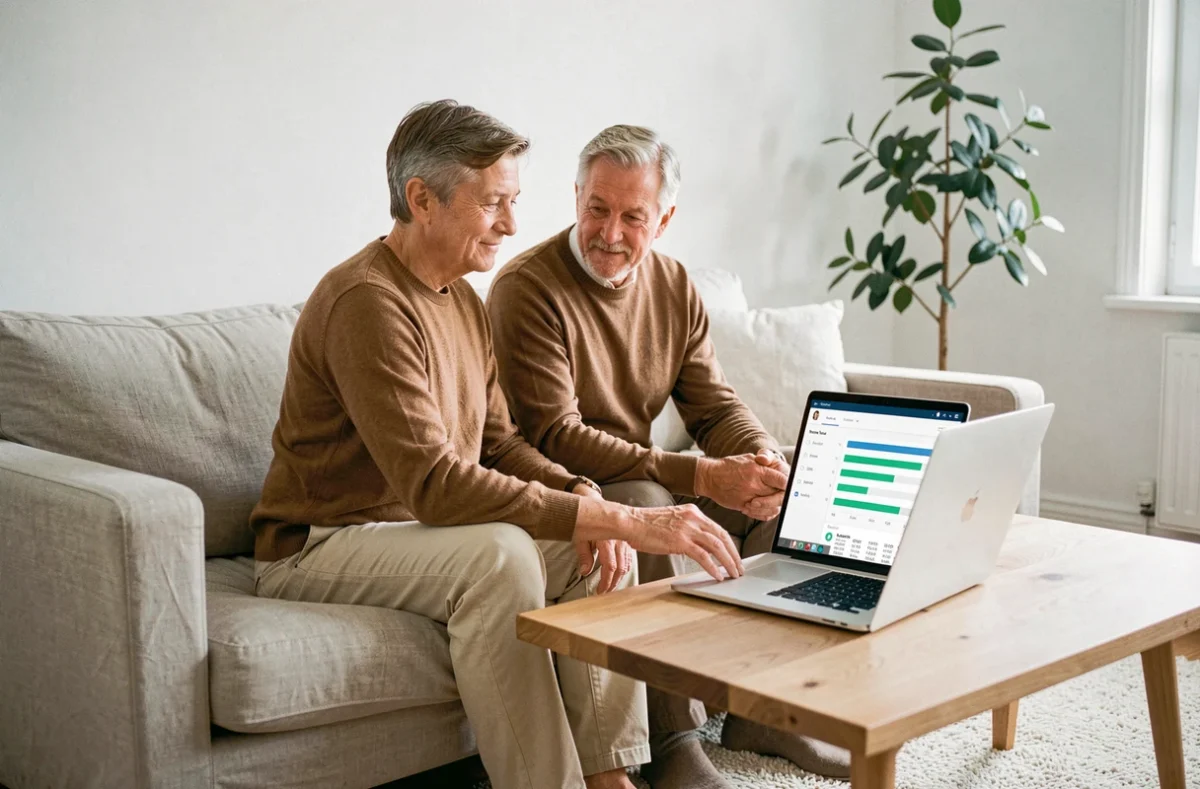 Couple planifiant l'optimisation de leur épargne sur livret LEL depuis leur salon à domicile