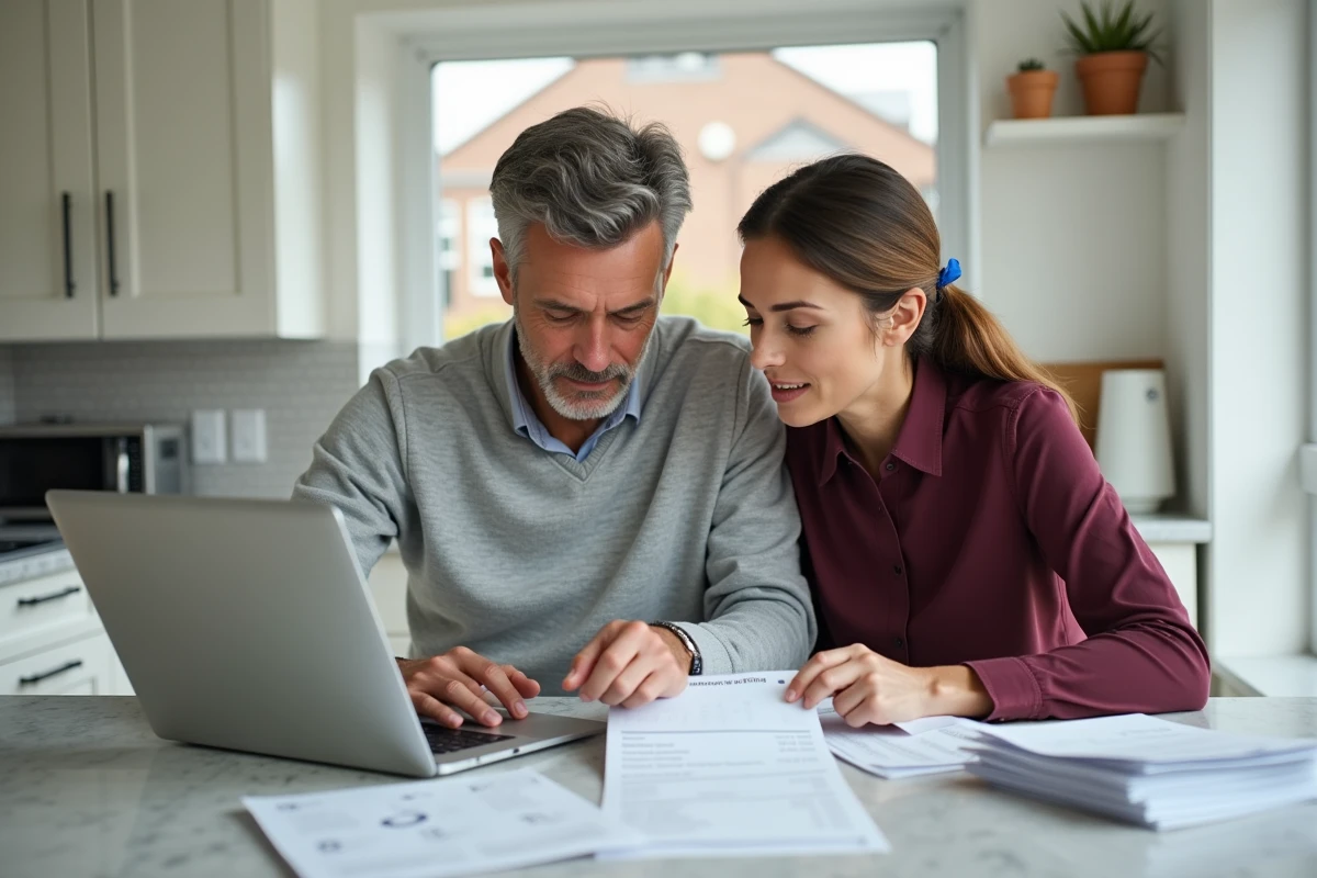 Couple préparant leur dossier de prêt immobilier à domicile avec des documents financiers et un ordinateur portable