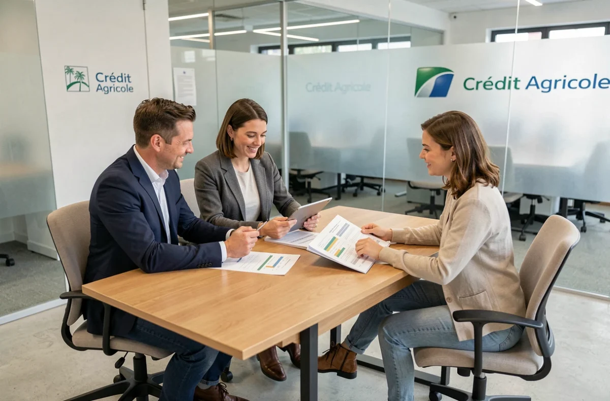 Couple en rendez-vous avec un conseiller du Crédit Agricole Côtes d'Armor pour discuter des outils de gestion de budget et de finances personnelles