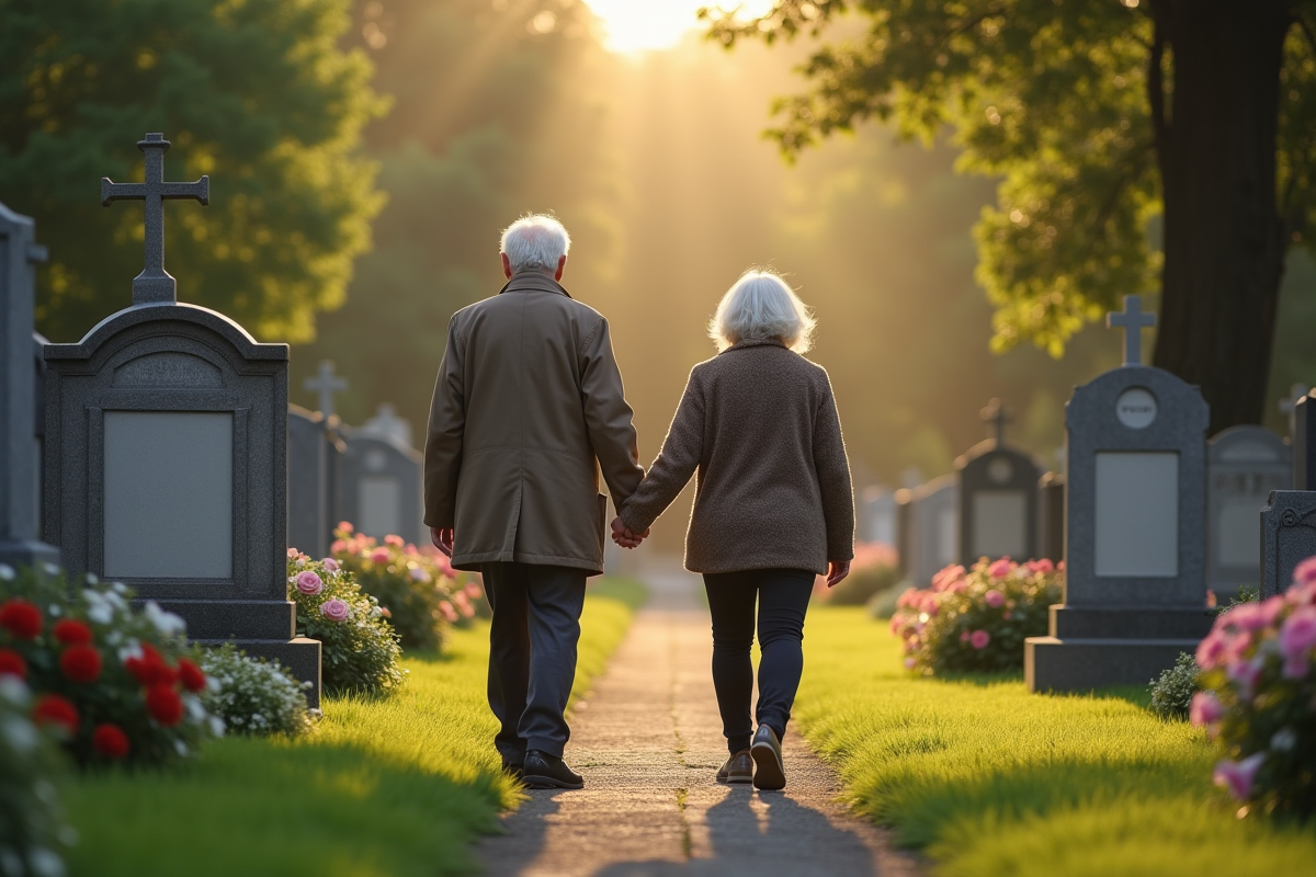 Vieux couple main dans la main dans un cimetière paisible