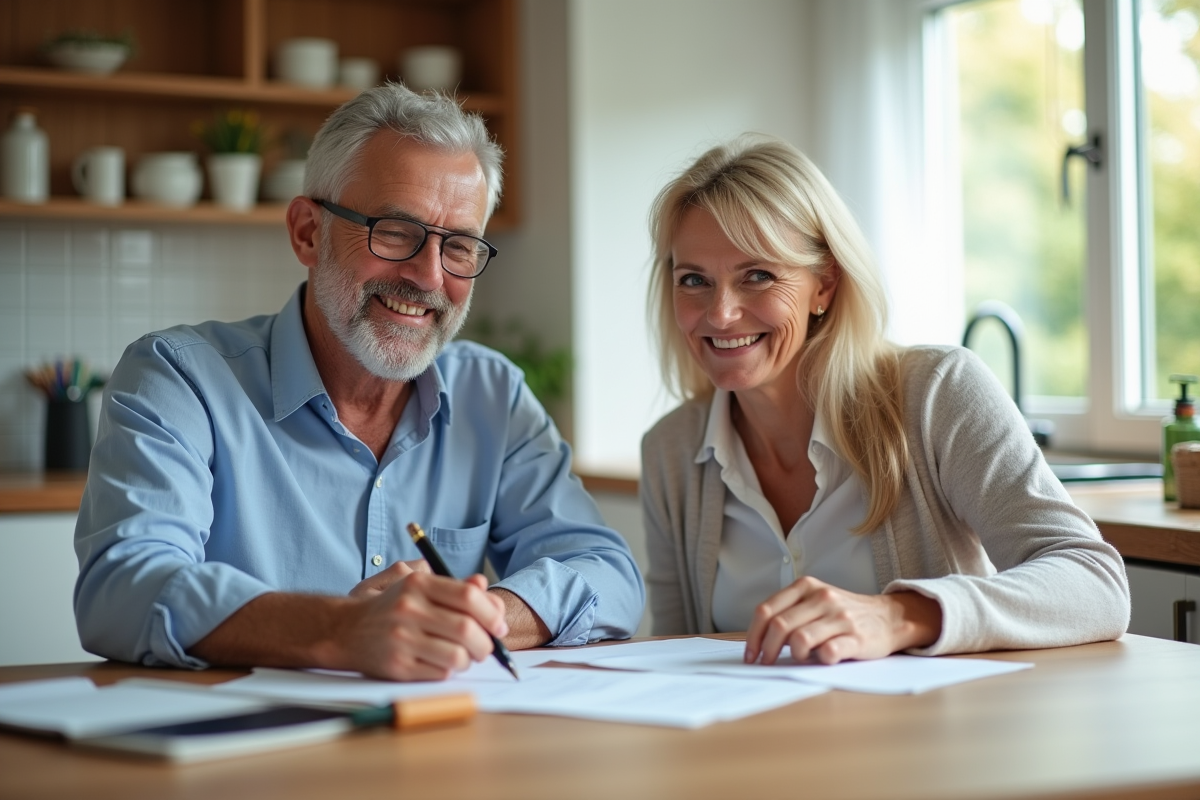 Couple souriant examinant des documents de retraite à la cuisine