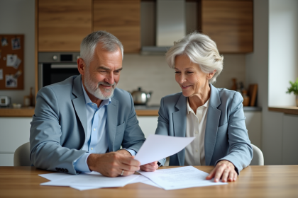 Couple d'âge moyen discutant de documents dans une cuisine moderne