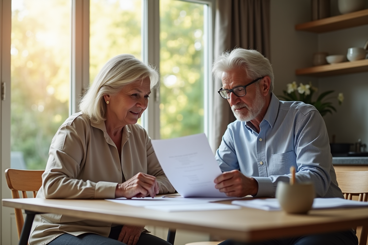Couple senior examinant des documents financiers à la maison