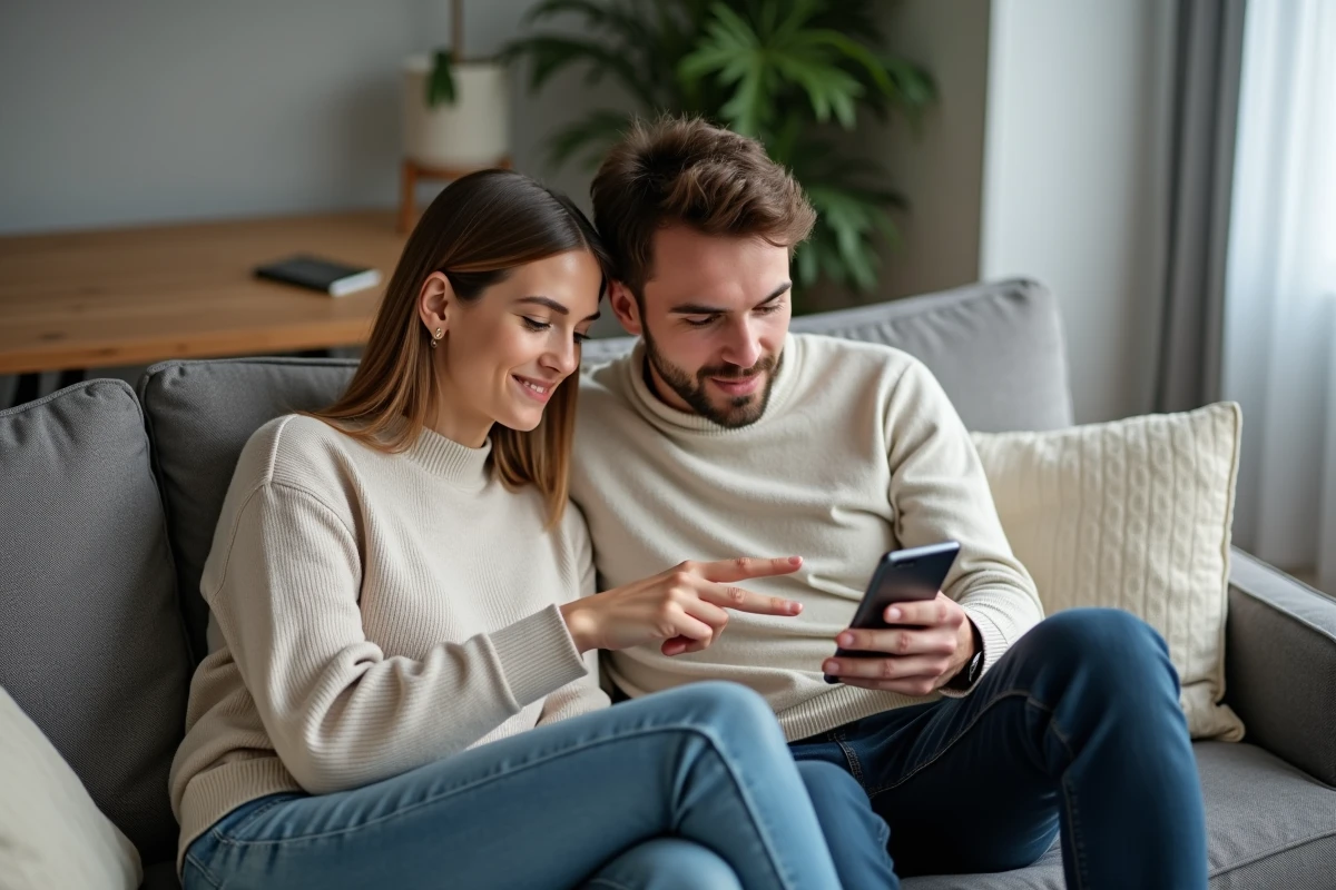 Couple consultant un smartphone pour identifier le numéro de contact Cetelem