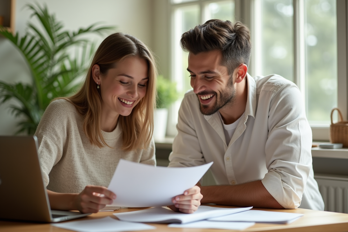 Jeune couple souriant travaillant à la cuisine avec documents et ordinateur