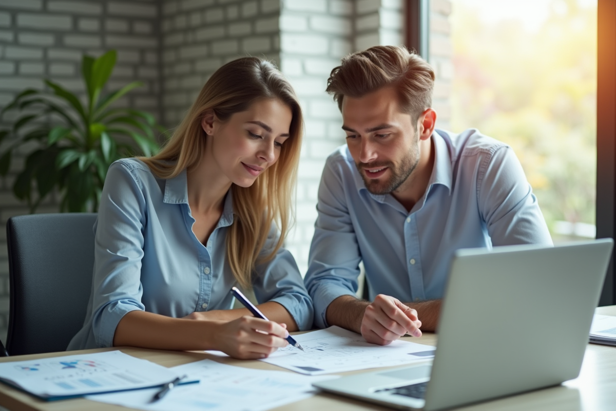Jeune couple professionnel travaillant sur des documents financiers