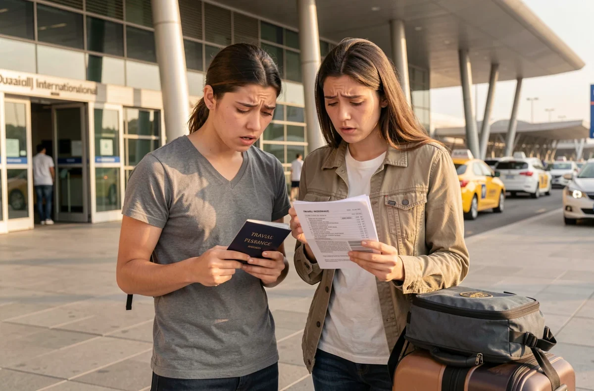 Couple de voyageurs inquiets devant l'aéroport international de Dubaï consultant des documents d'assurance voyage