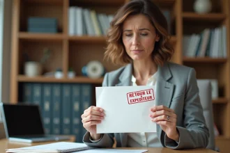 Femme tenant une enveloppe retournée avec tampon rouge dans un bureau à domicile