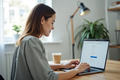 Femme créant son compte en ligne sur un ordinateur portable dans un bureau à domicile