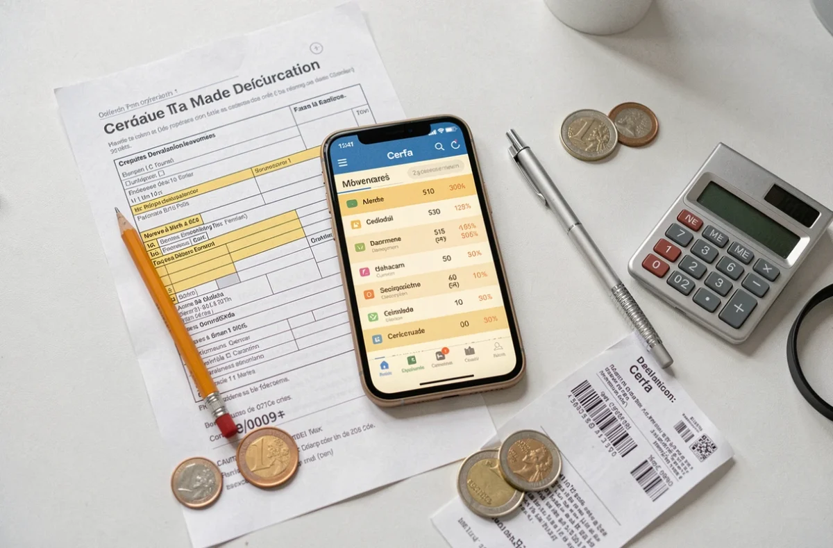 Vue en plongée d'une déclaration fiscale française, d'un smartphone avec portefeuille boursier et de pièces en euros sur un bureau blanc