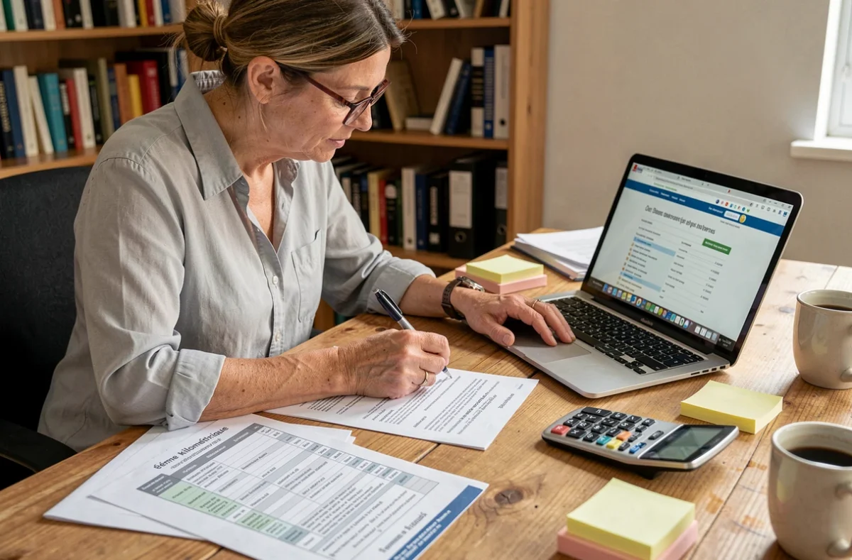 Femme remplissant sa déclaration de frais kilométriques 2026 sur son bureau à domicile avec barème fiscal imprimé