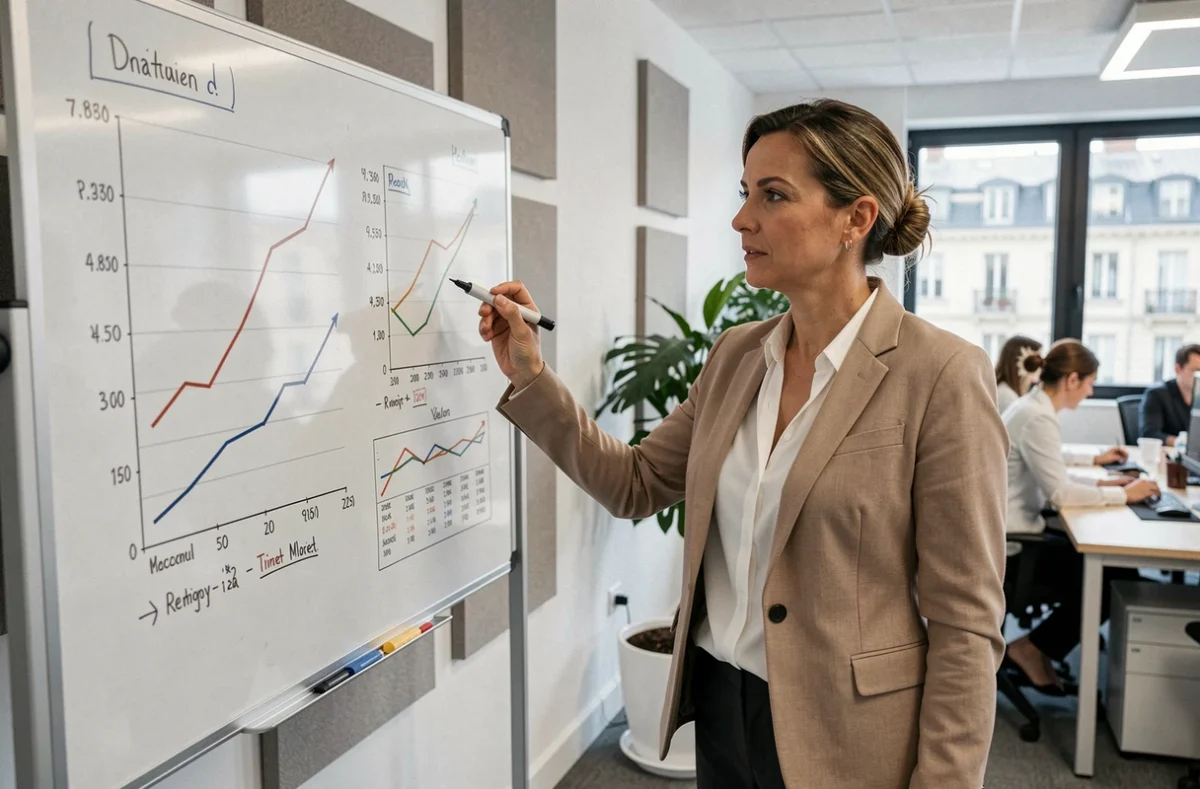Consultante immobilière de DHG Conseil analysant des données du marché immobilier régional sur un tableau blanc dans un bureau professionnel
