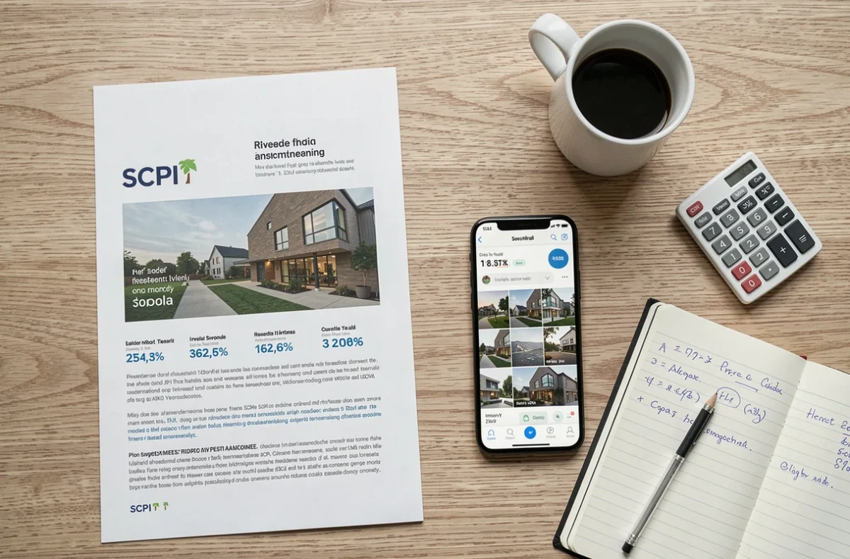 Vue de dessus d'un bureau avec documents et calculs pour estimer les revenus d'une SCPI