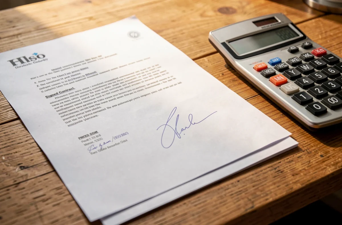 Documents contractuels et calculatrice posés sur un bureau