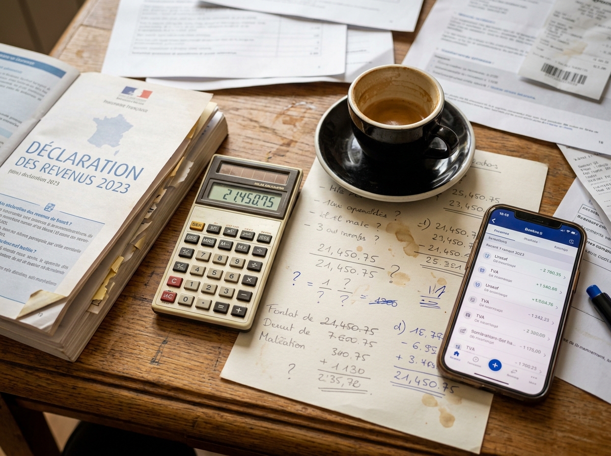 Gros plan sur des documents fiscaux français avec calculatrice et notes manuscrites sur un bureau de petite entreprise parisienne