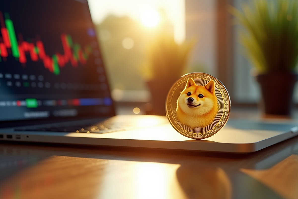 Dogecoin brillant sur un bureau avec un ordinateur affichant des graphiques crypto
