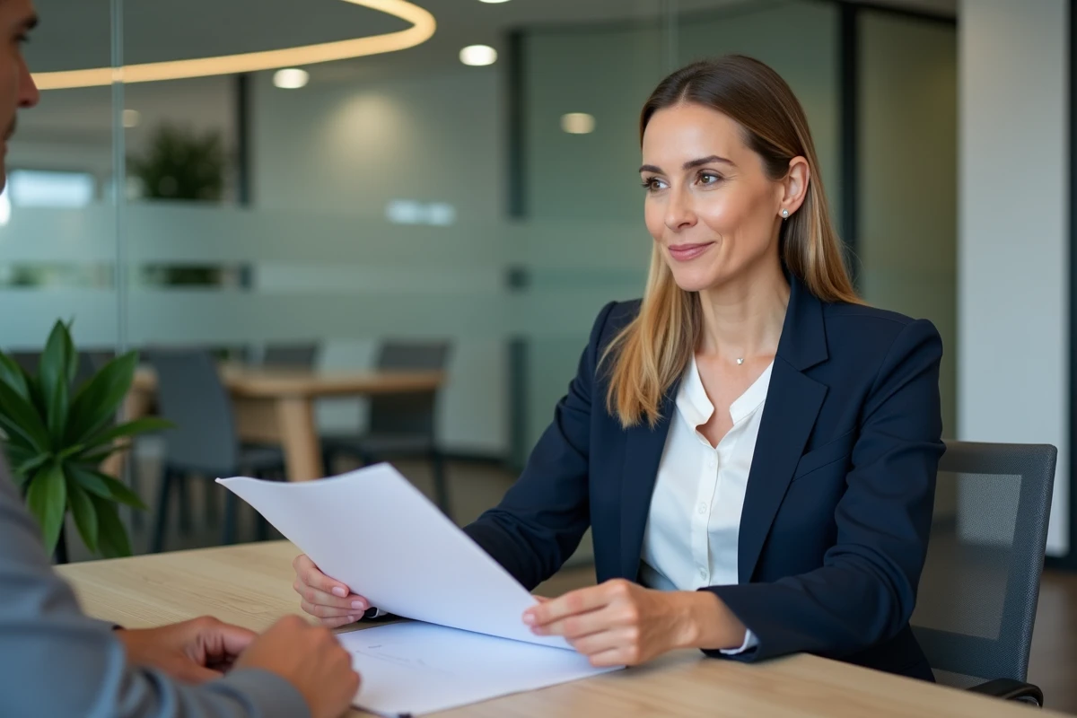 Femme cadre présentant son dossier de prêt immobilier à un conseiller de La Banque Postale dans une agence moderne