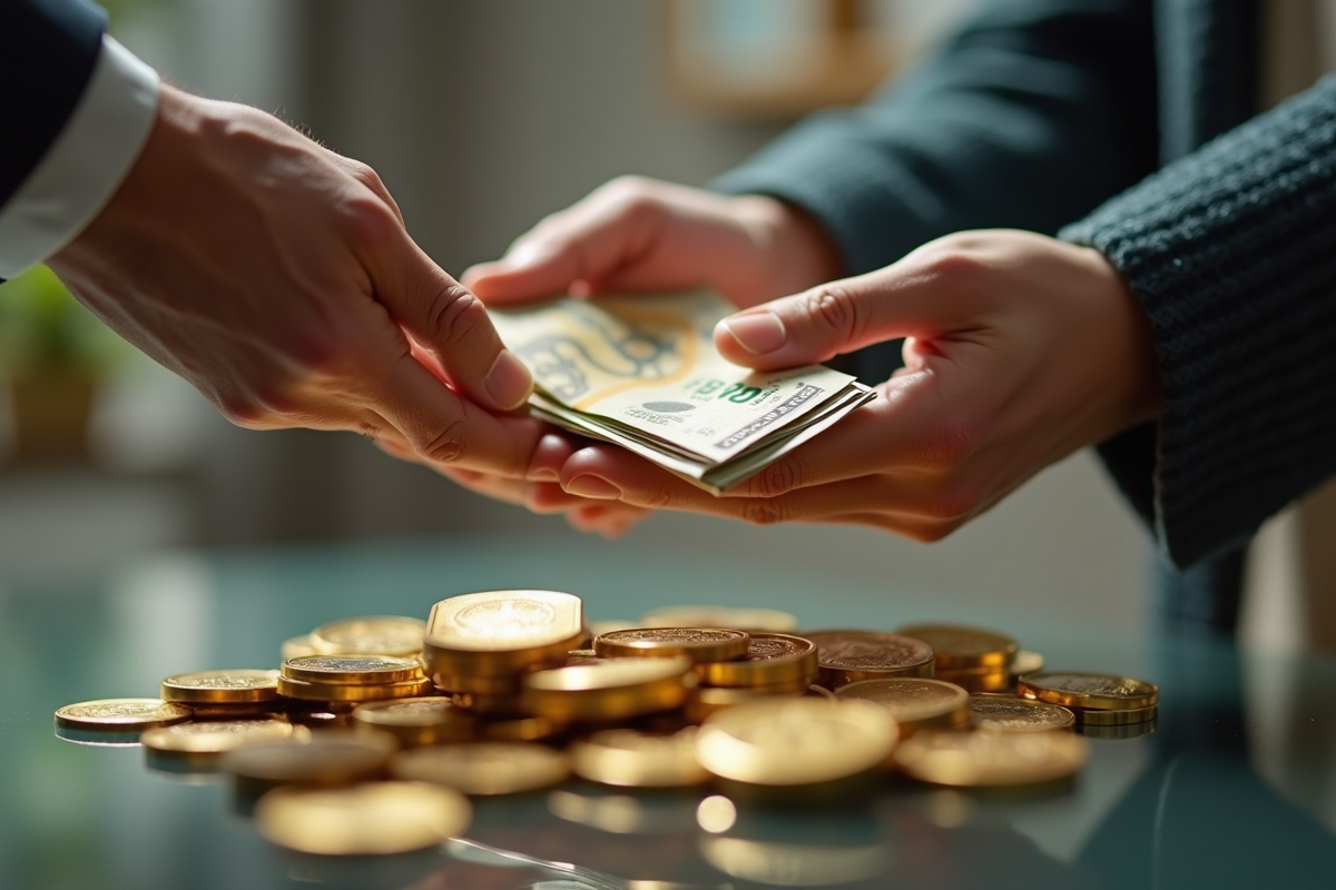 Mains échangeant des lingots d or et des billets de banque