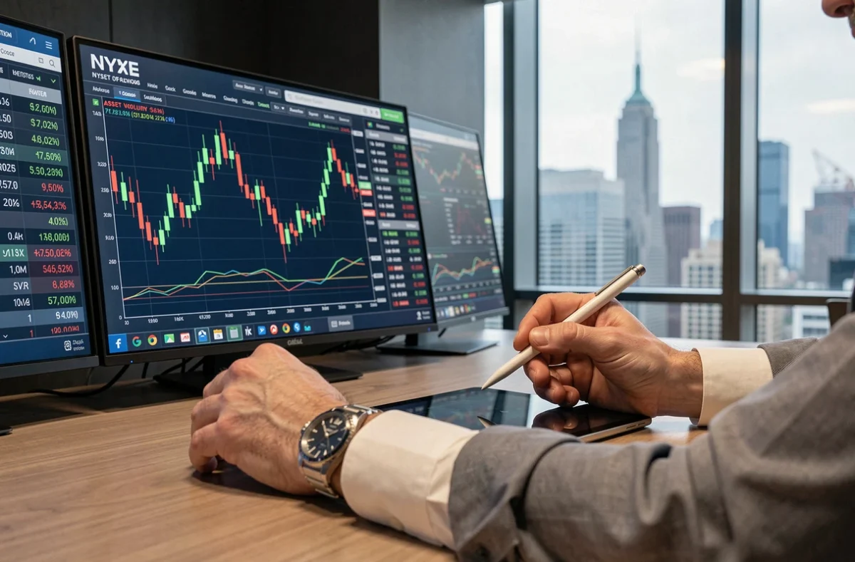 Écran de trading affichant les données boursières de la Bourse de New York à l'ouverture avec graphiques en chandeliers