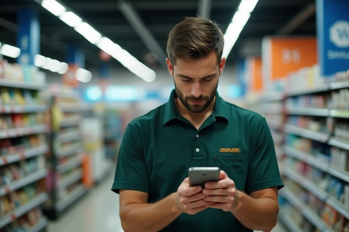 Employé à temps partiel consultant un simulateur de prime d'activité sur son téléphone en pause au travail