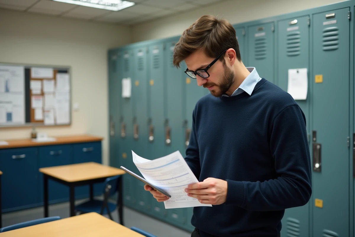 Enseignant contractuel comparant sa fiche de paie sur une tablette dans la salle des professeurs