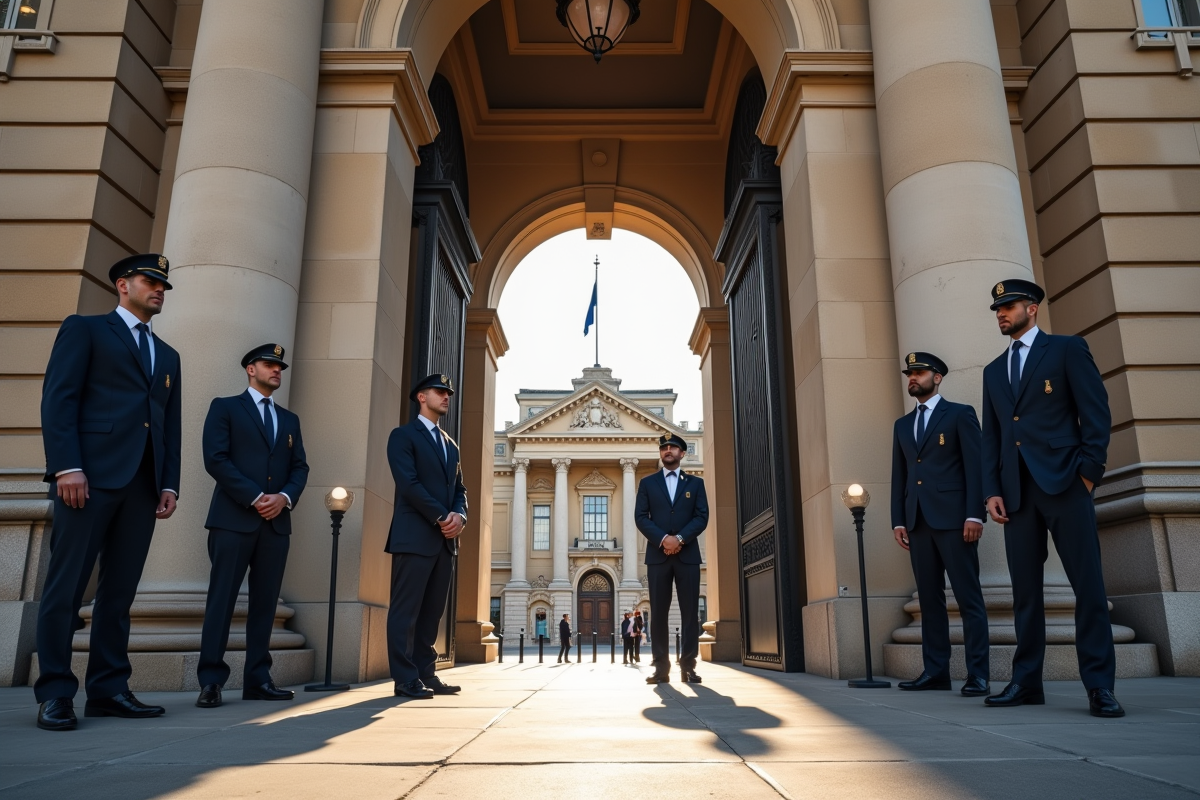 Entrée d un bâtiment gouvernemental avec sécurité et drapeau français