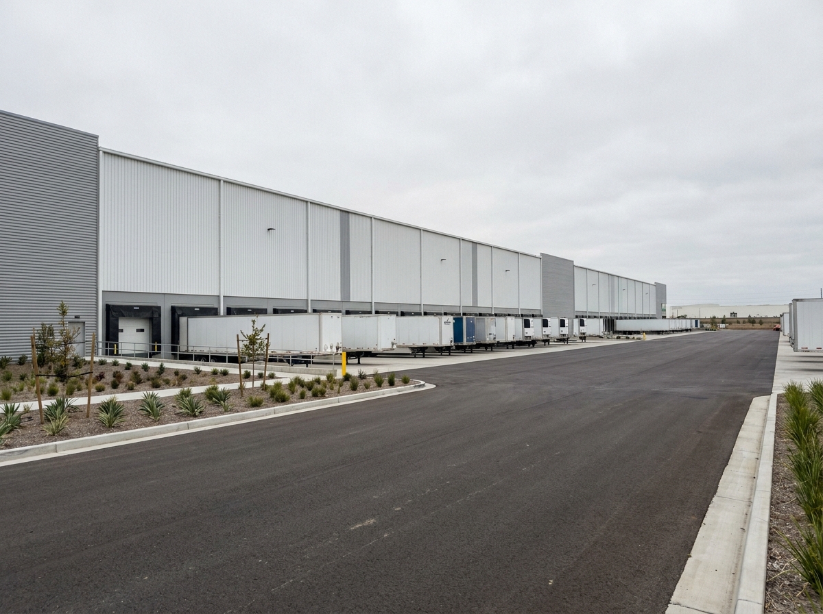 Centre de distribution logistique moderne avec quais de chargement et camions en stationnement