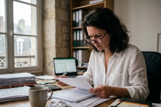 Entrepreneuse parisienne stressée en train de réviser ses documents fiscaux dans un bureau haussmannien