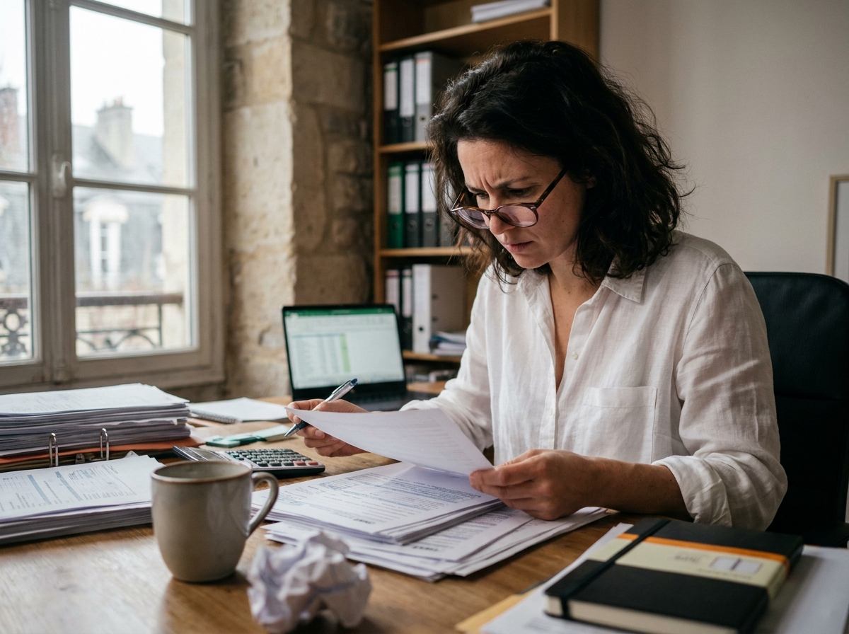 Entrepreneuse parisienne stressée en train de réviser ses documents fiscaux dans un bureau haussmannien