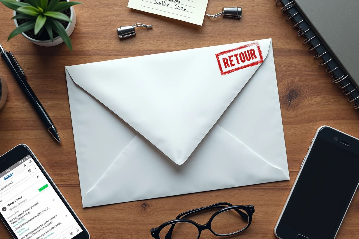Vue de dessus d'une enveloppe retournée avec note de correction d'adresse et smartphone
