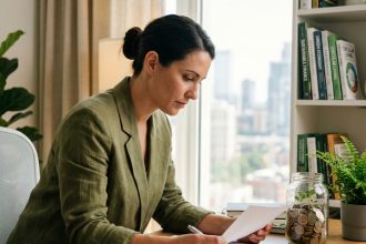 Femme consultant des documents financiers avec un bocal de pièces et des plantes symbolisant l'épargne verte et la transition écologique