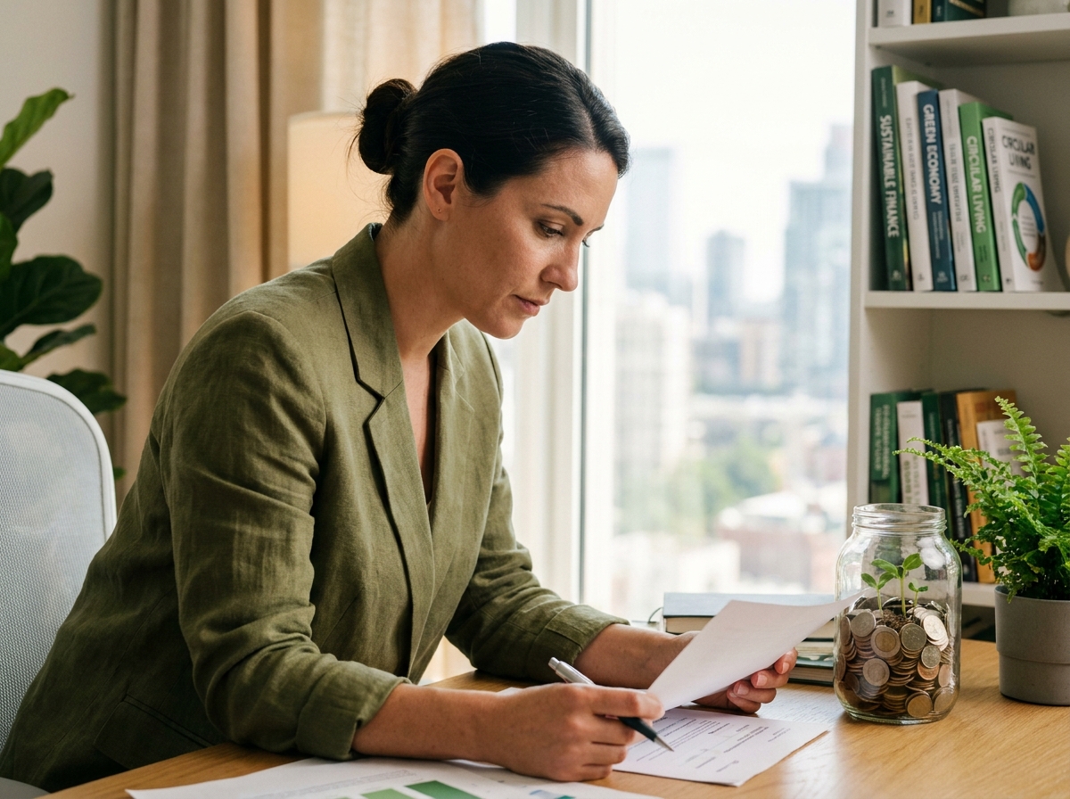 Femme consultant des documents financiers avec un bocal de pièces et des plantes symbolisant l'épargne verte et la transition écologique