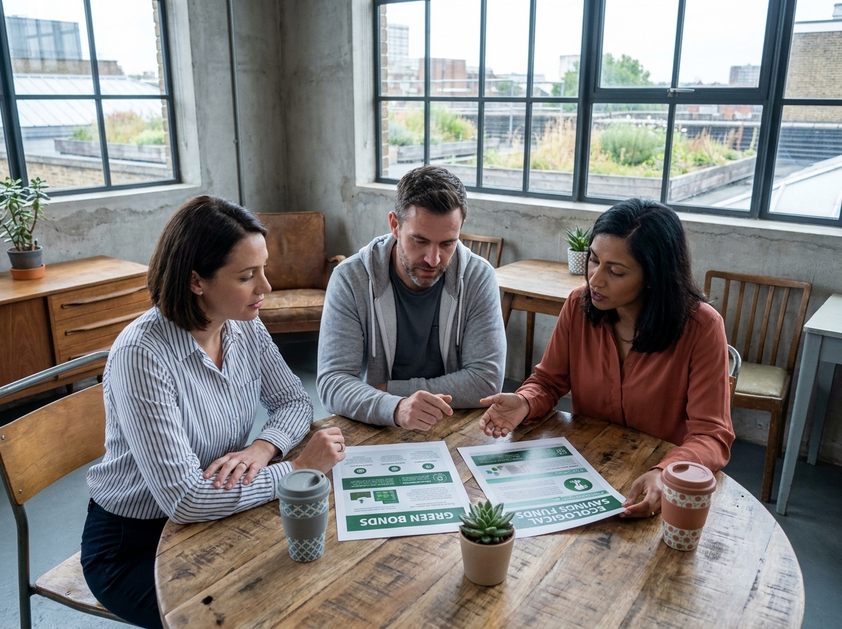 Groupe de collègues discutant d'épargne verte et d'obligations durables autour d'une table dans un espace de coworking
