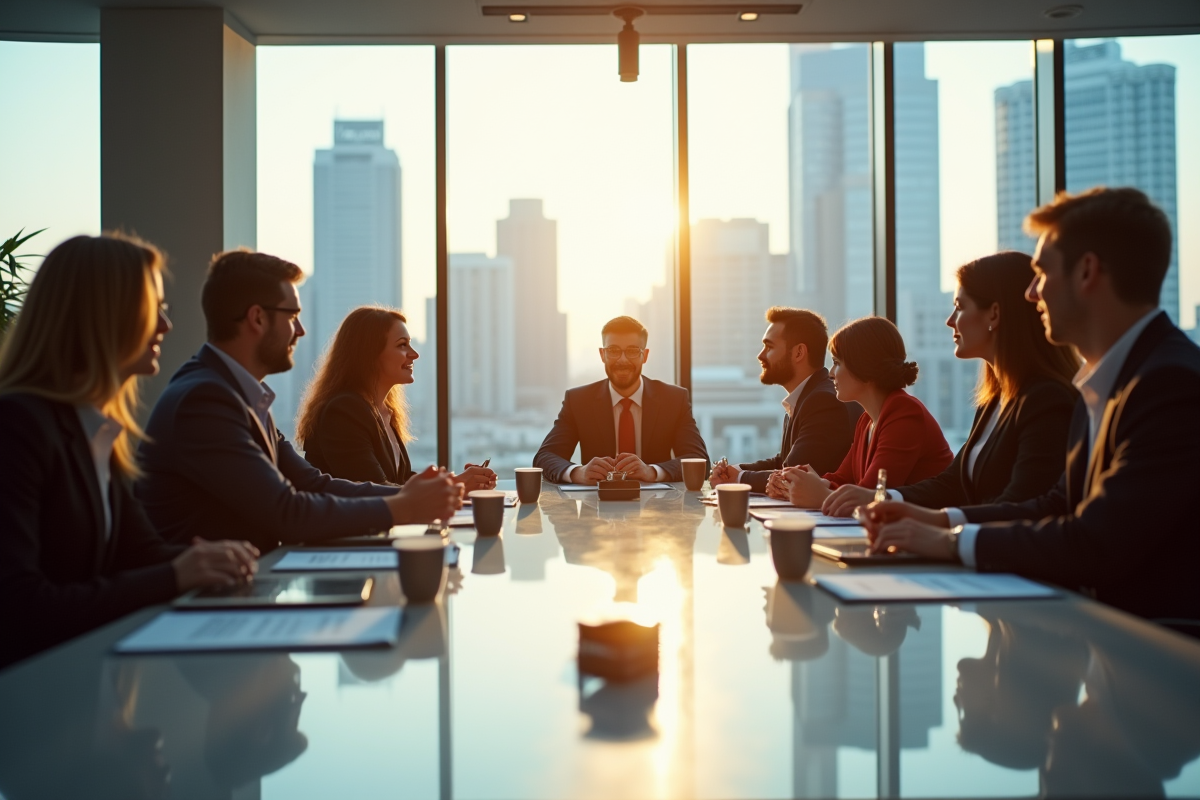 Groupe de professionnels discutant des prévisions Bitcoin dans une salle lumineuse
