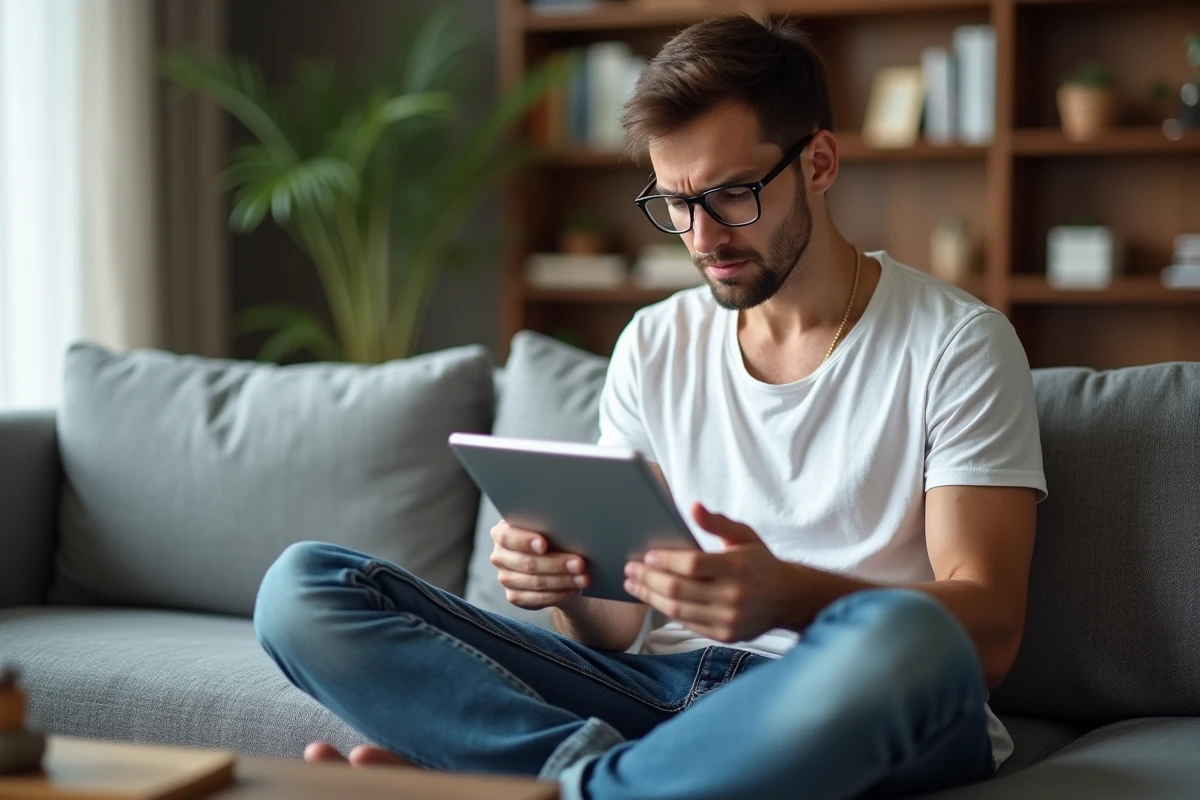 Jeune homme consultant un message d'erreur d'identifiant sur une tablette depuis son canapé