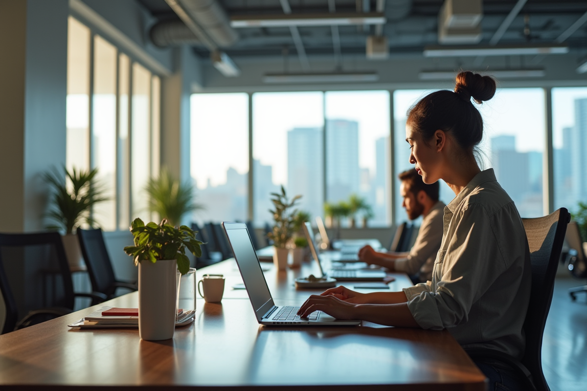 Employe travaillant à distance dans un espace de travail lumineux