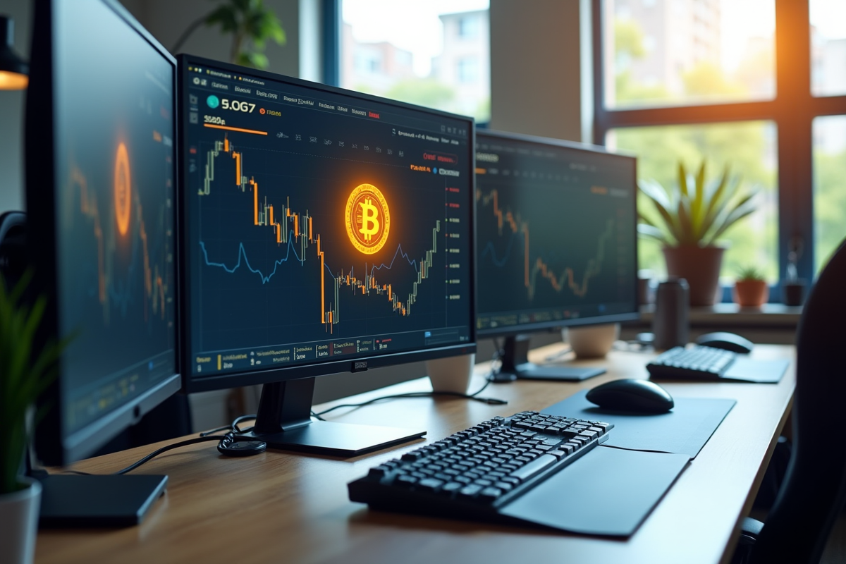 Espace de travail moderne avec écrans de minage bitcoin lumineux