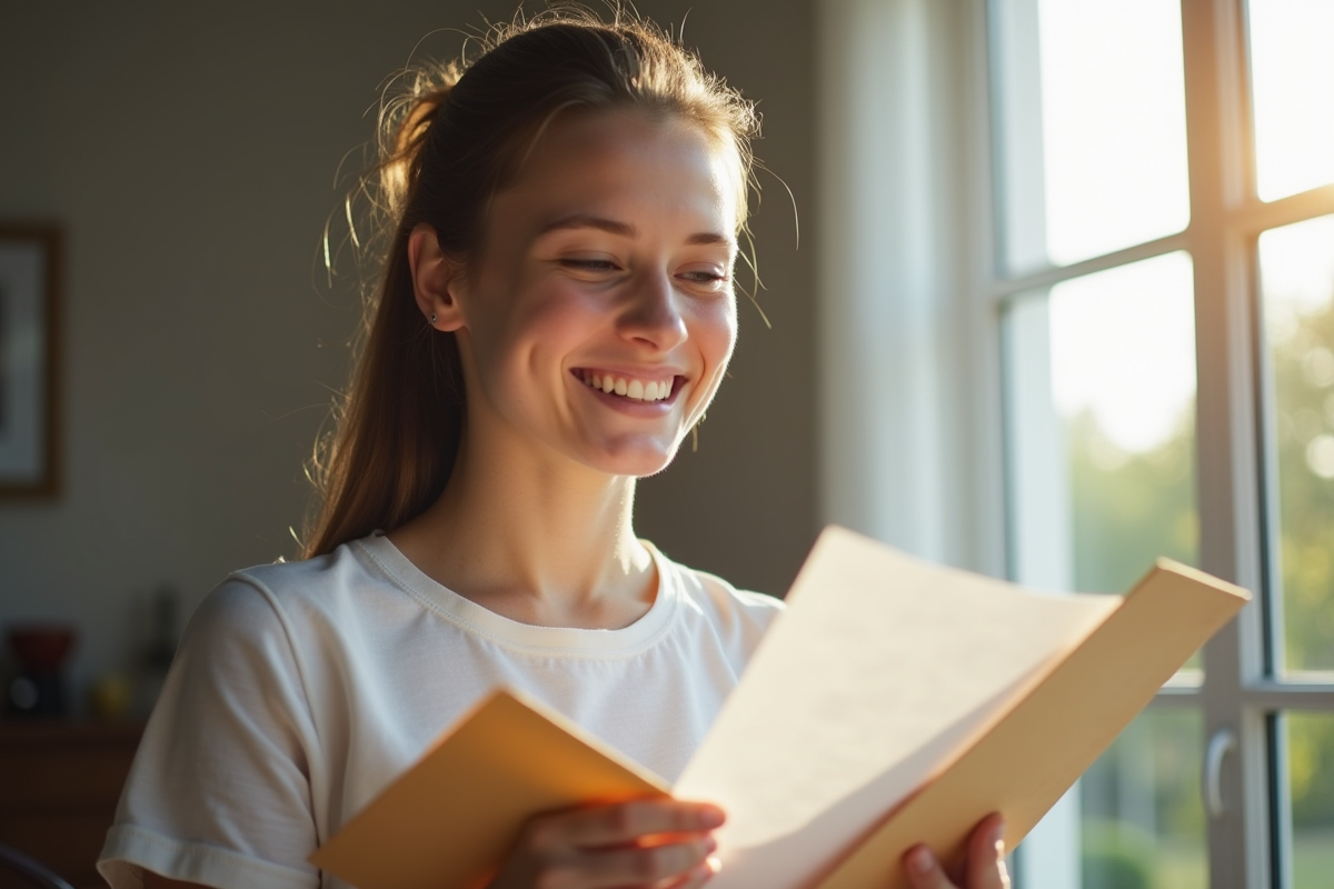 Étudiant souriant lisant un courrier à la maison