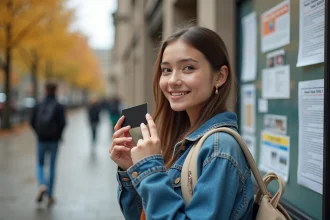 Étudiante tenant une carte prépayée La Poste devant un tableau d'affichage universitaire en extérieur