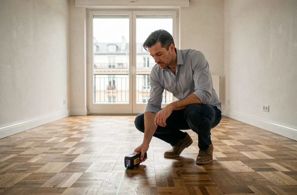 Expert immobilier Experimo mesurant avec précision la superficie d'un appartement vide à l'aide d'un télémètre laser professionnel