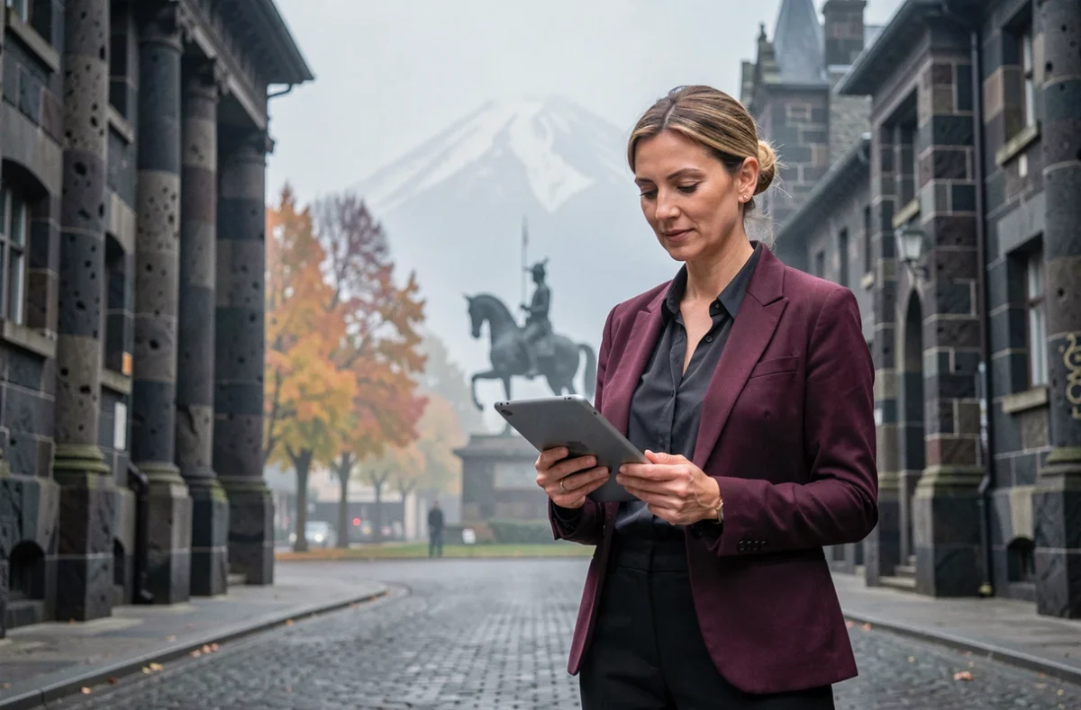 Experte immobilière agréée CNE Puy-de-Dôme devant la Place de Jaude à Clermont-Ferrand avec le Puy de Dôme visible en arrière-plan dans la brume