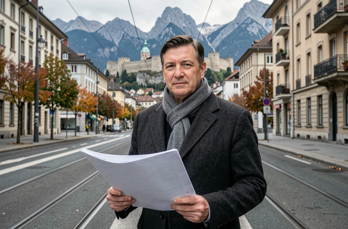 Expert immobilier agréé CNE Isère tenant un dossier d'évaluation dans les rues de Grenoble avec la Bastille et les Alpes visibles en arrière-plan