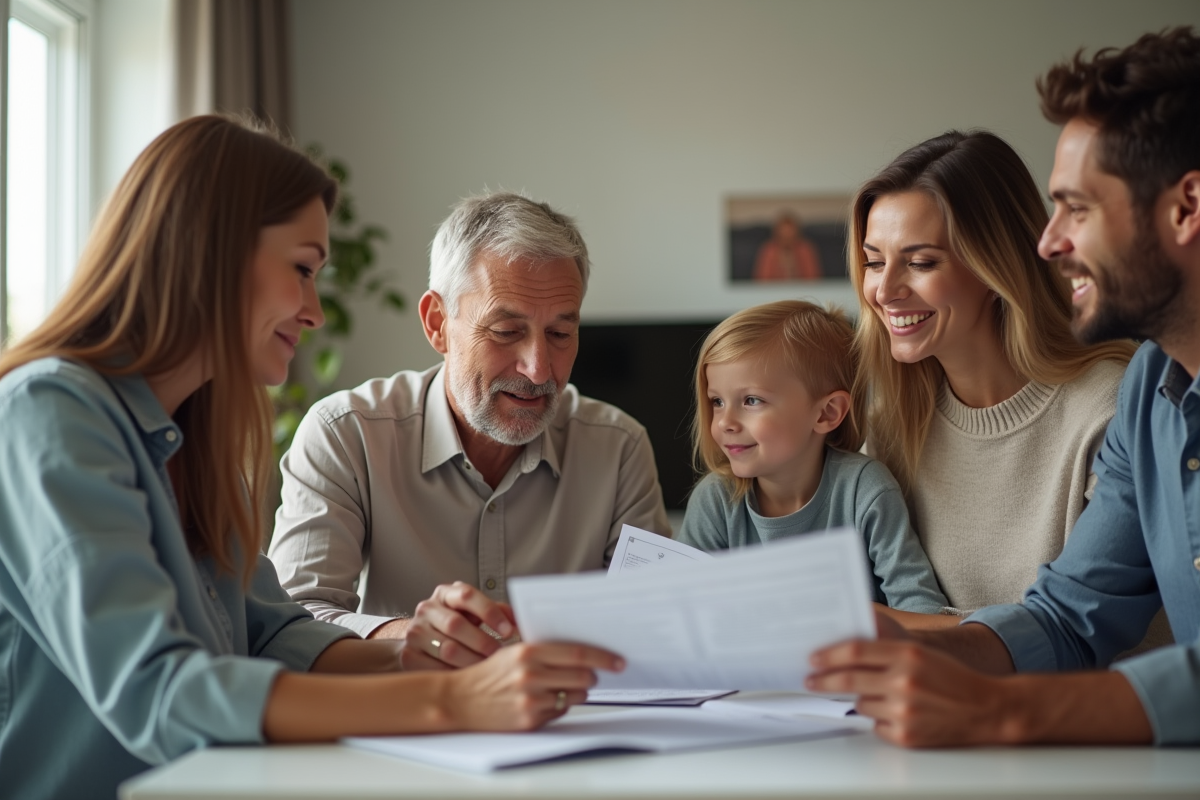 Famille et conseiller financier discutant de documents