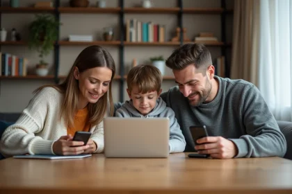 Famille autour d'une table avec ordinateurs et smartphones