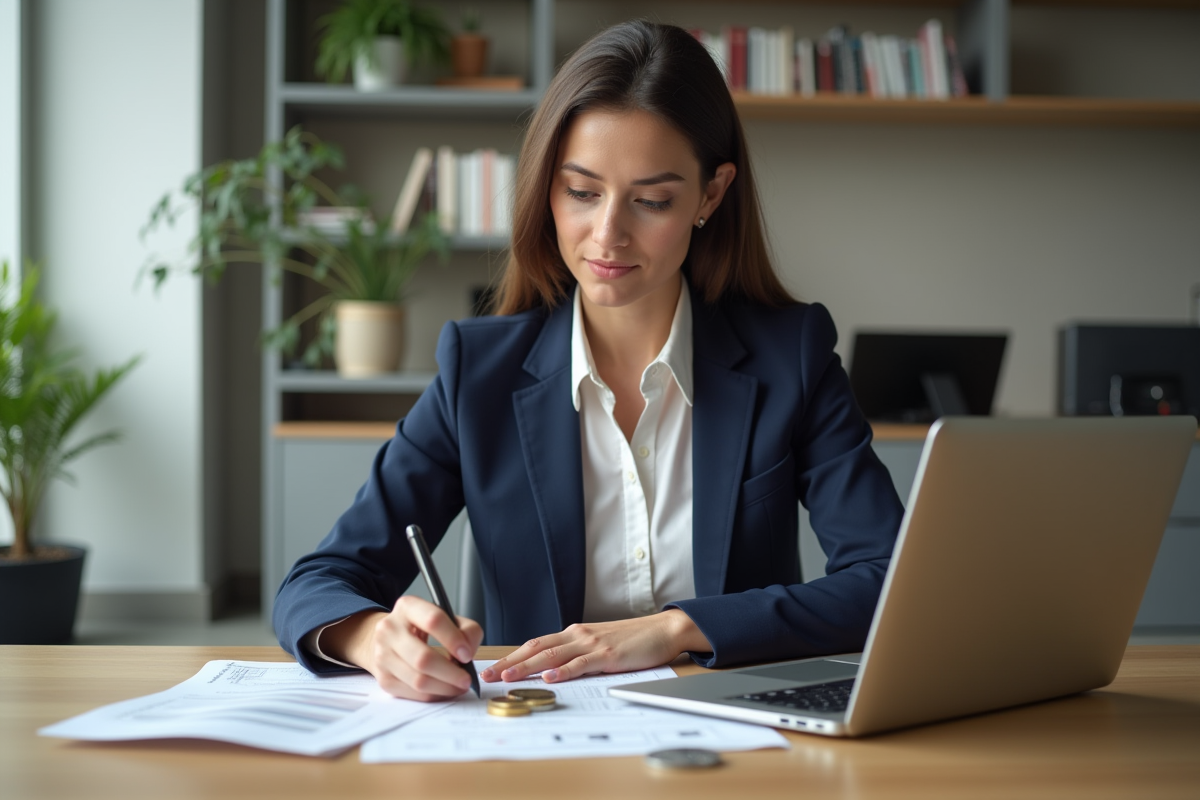 Femme d'affaires en bureau avec cryptomonnaies et documents