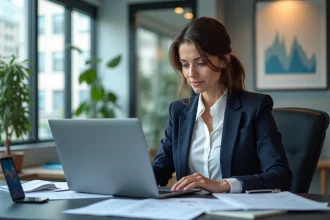 Femme d'affaires confiante travaillant sur un ordinateur en bureau moderne