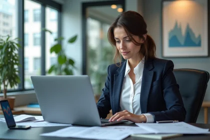 Femme d'affaires confiante travaillant sur un ordinateur en bureau moderne